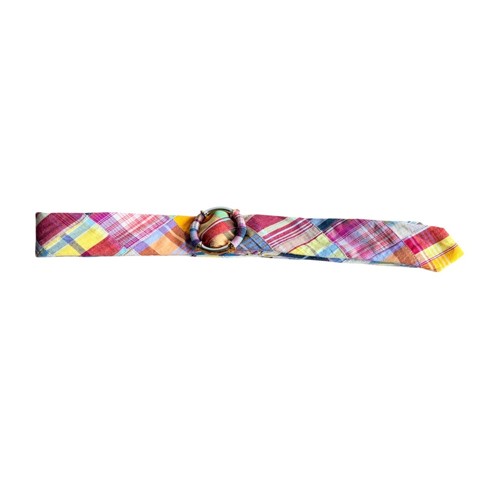J Crew Vtg Patchwork Madras Plaid Belt Gold Double Ring Buckle Multicolor OS